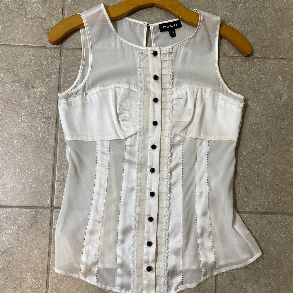 Bebe White Silk Top Blouse with lots of Darling Silk Detail !